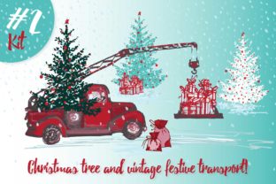 Hand Drawn Sketch Christmas Tree and Vintage Transport